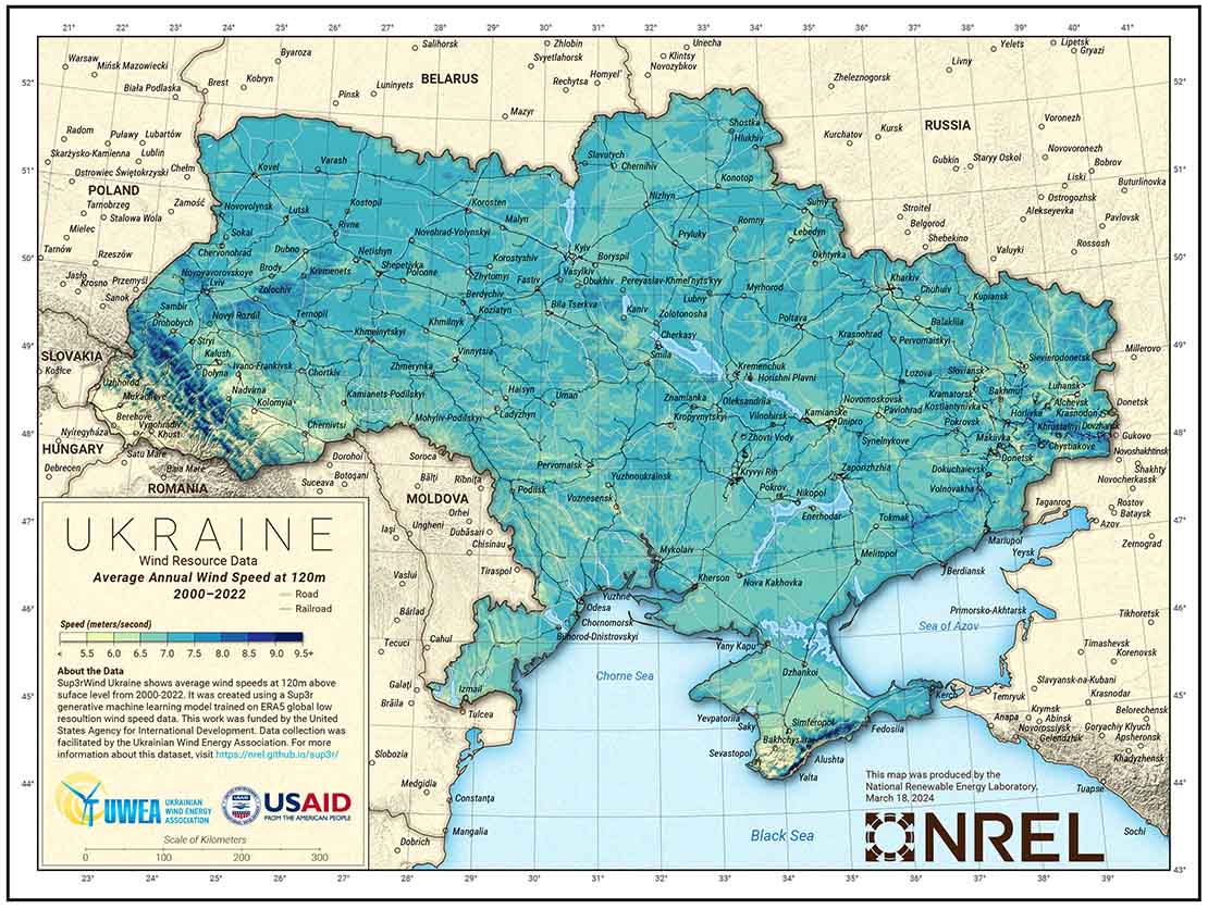 Average annual wind speed at 120m for Ukraine, 2000-2022. Image by Billy Roberts, NREL